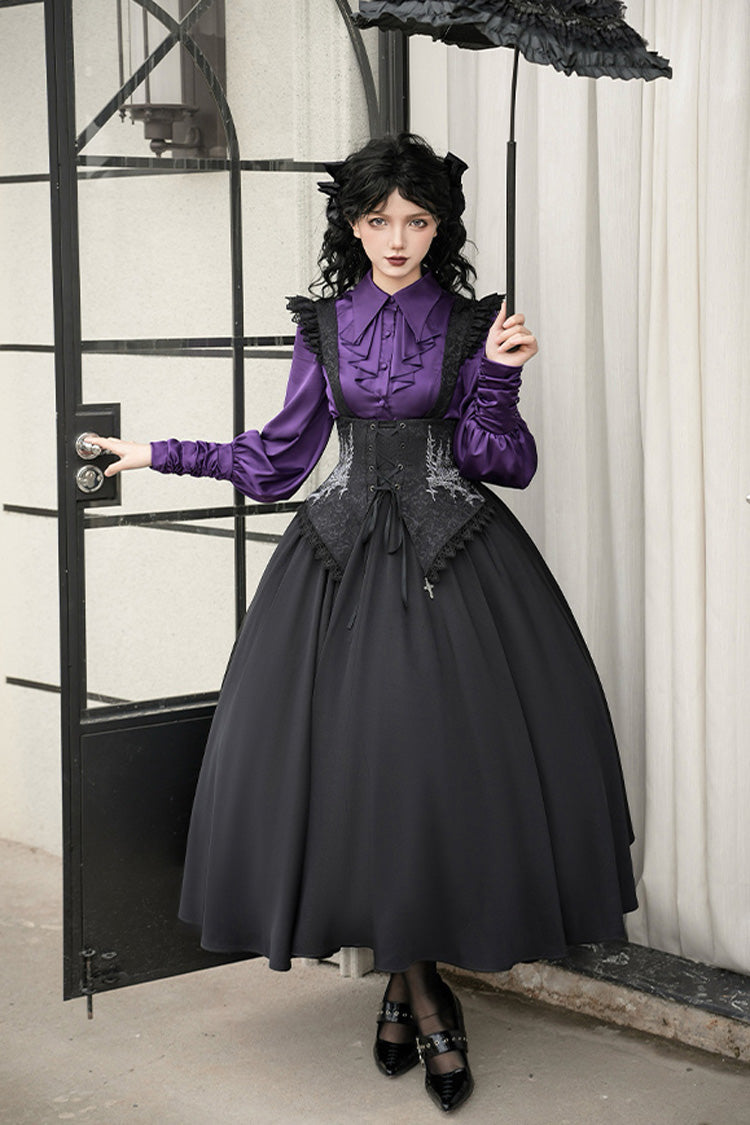 Black Night of Thorns Sleeveless Embroidered Lace-Up Gothic Strap Support Dress