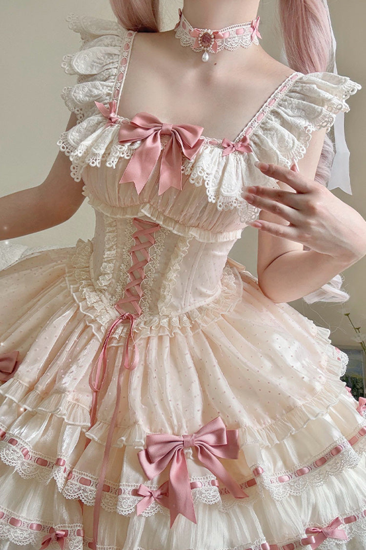 Apricot Sweet Ballet Lolita JSK Dress with Double-Layer Ruffles Bowknot Lace-Up and Lace