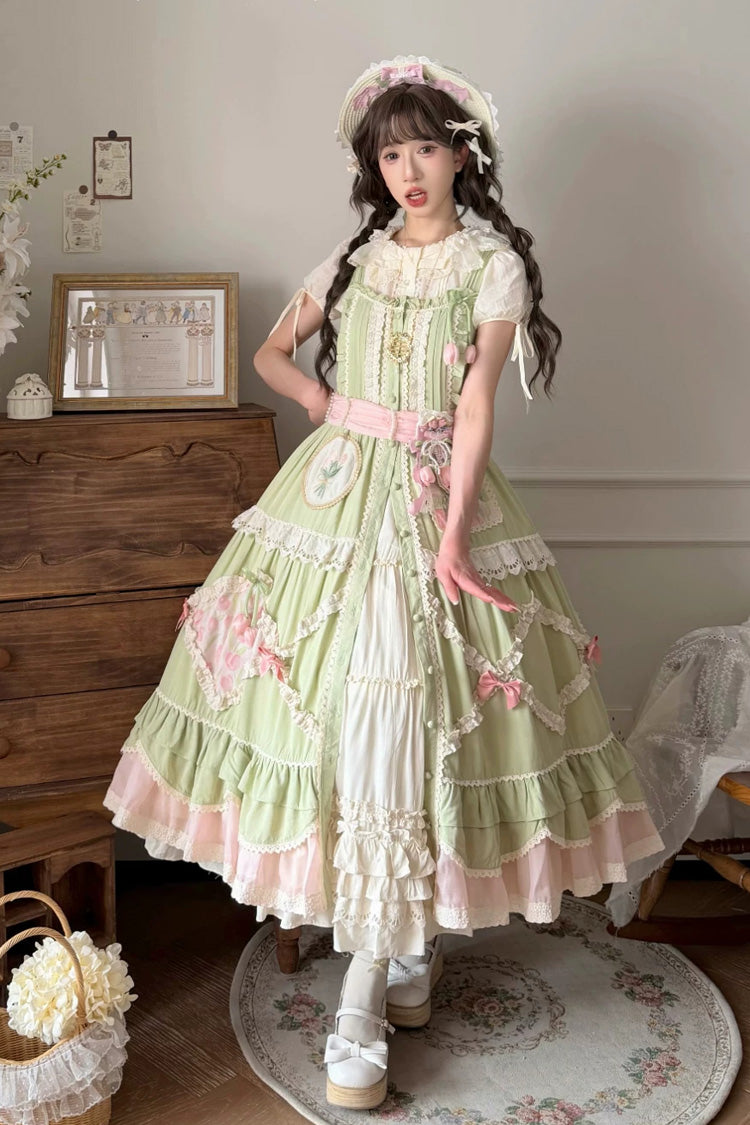 Sweet Lolita JSK Dress with Ruffled Open-Front Bow - Green