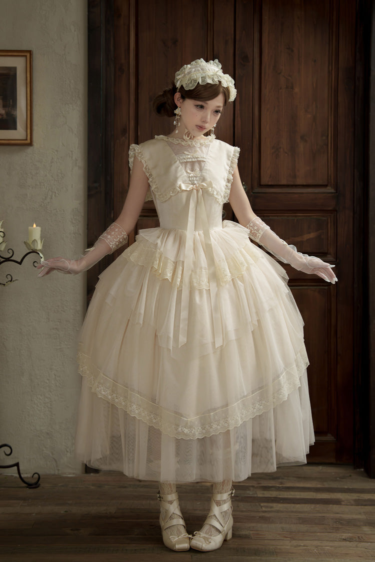 Ivory Elegant Dress with Triple Ruffles and Bow Embellishments - Dream by the Pillow