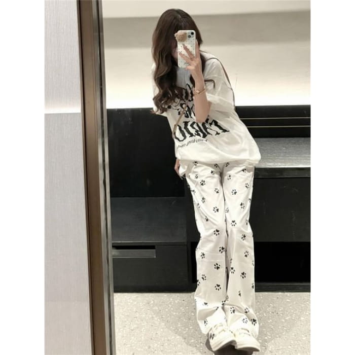 Elastic Waist Paw Print Loose Fit Pants - Black & White / S