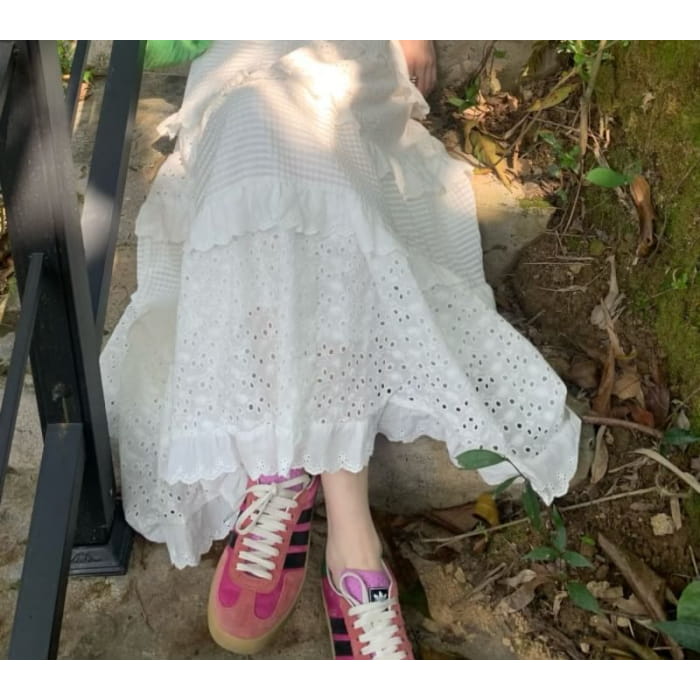 Elastic Waist Plain Embroidered Eyelet Ruffle Panel Maxi