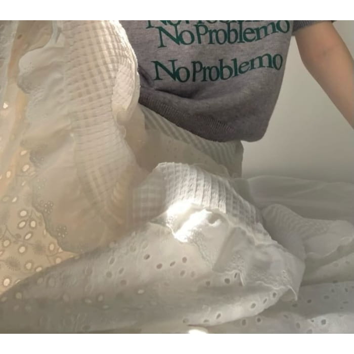 Elastic Waist Plain Embroidered Eyelet Ruffle Panel Maxi