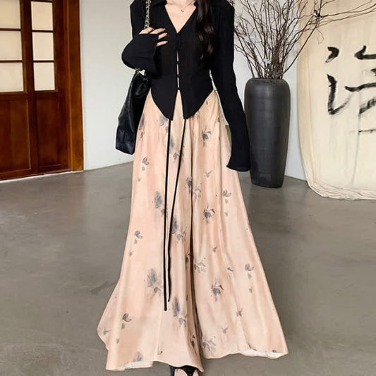 Elegant Lace Up Flared Sleeve Top Vintage Floral Print Wide