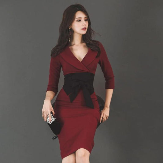 Elegant Slim Vintage Colorblock Dresses - Wine Red / S