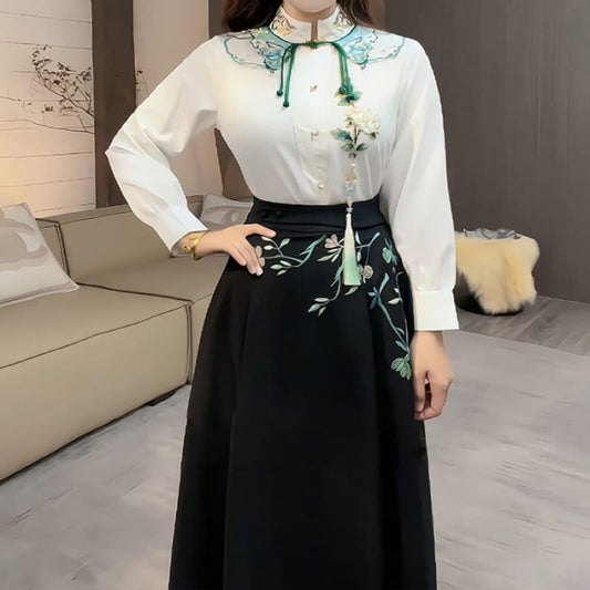 Embroidery Flower Tassel Shirt Print Skirt Set - M