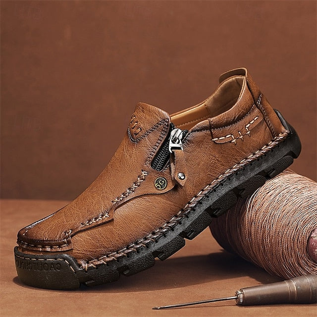 with Leather Brown Men's Side Faux Slip-On Zipper Loafers