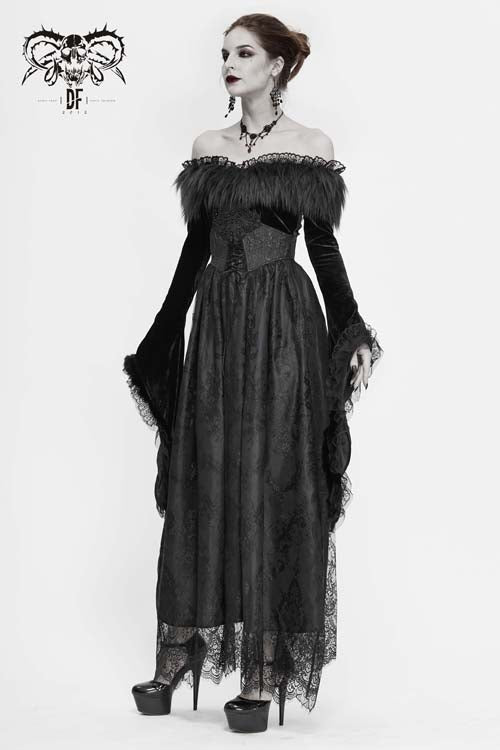 Formal Gothic Gown with Pleated Skirt and Fur Collar