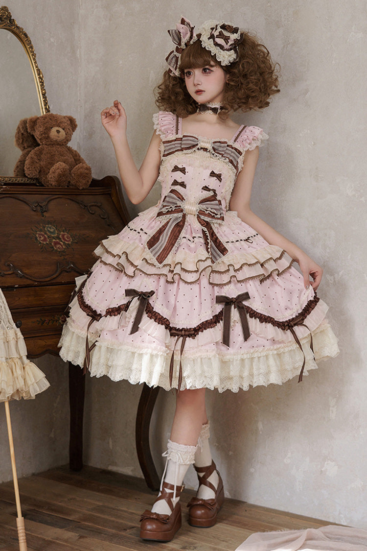 Sleeveless Print Ruffle Bow Lace-Up Sweet Elegant Lolita Jumper Dress - Pink