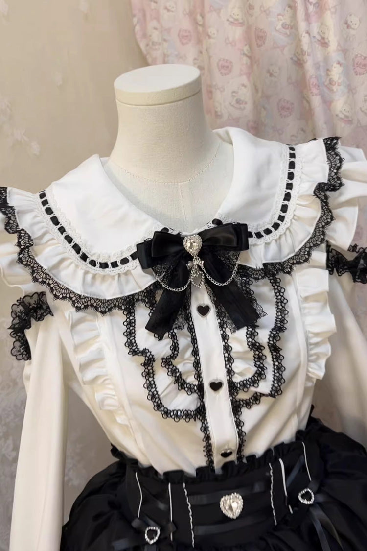 Monochrome Doll-Collar Ruffle Bow Sweet Jirai Kei Skirt Set