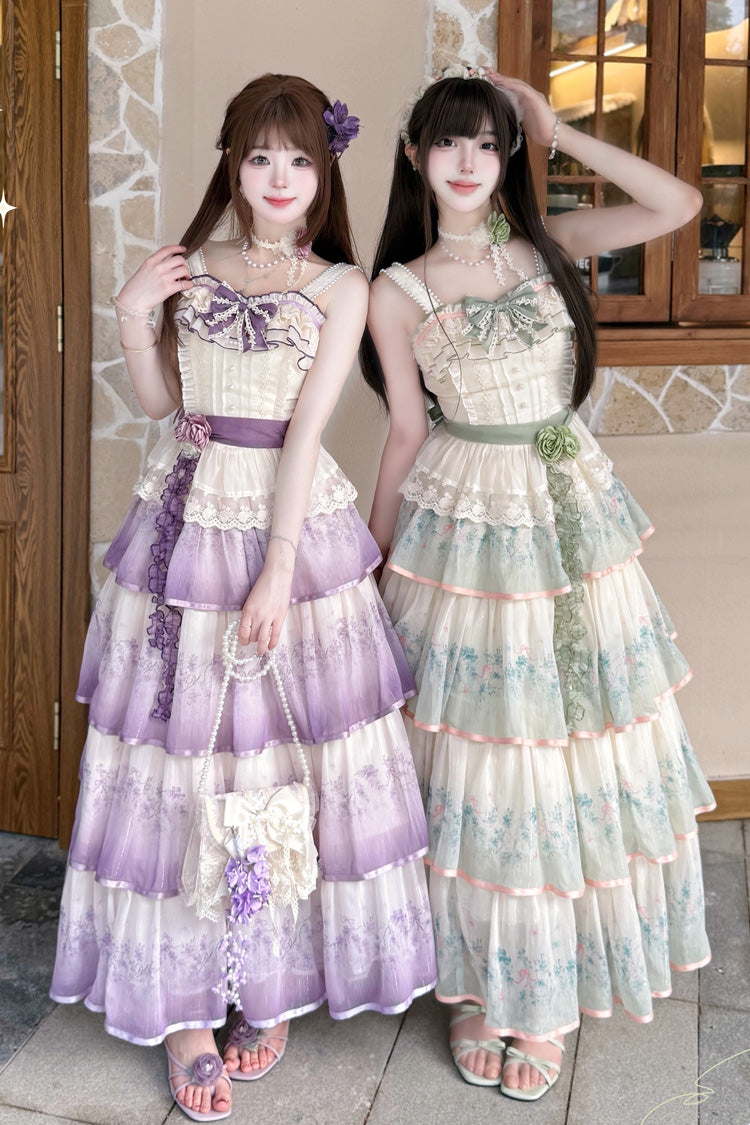 Violet Lilac Thoughts Sleeveless Gradient Multi Printed Ruffled Lace Dress Set