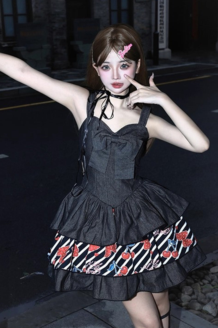Triple-Layered Denim Print Ruffle JSK in Black