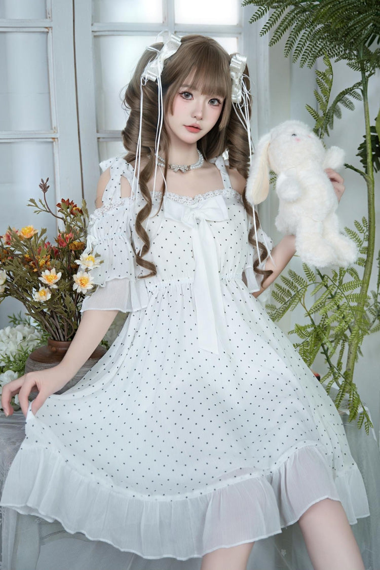 Off Shoulder Short Sleeve Polka Dot Printed Ruffled Bow Lace Palace Dress - White