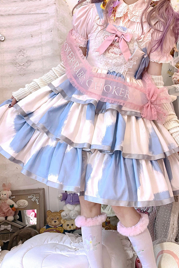 Azure Cow-Print Bowknot Sweet JSK with Triple Ruffles
