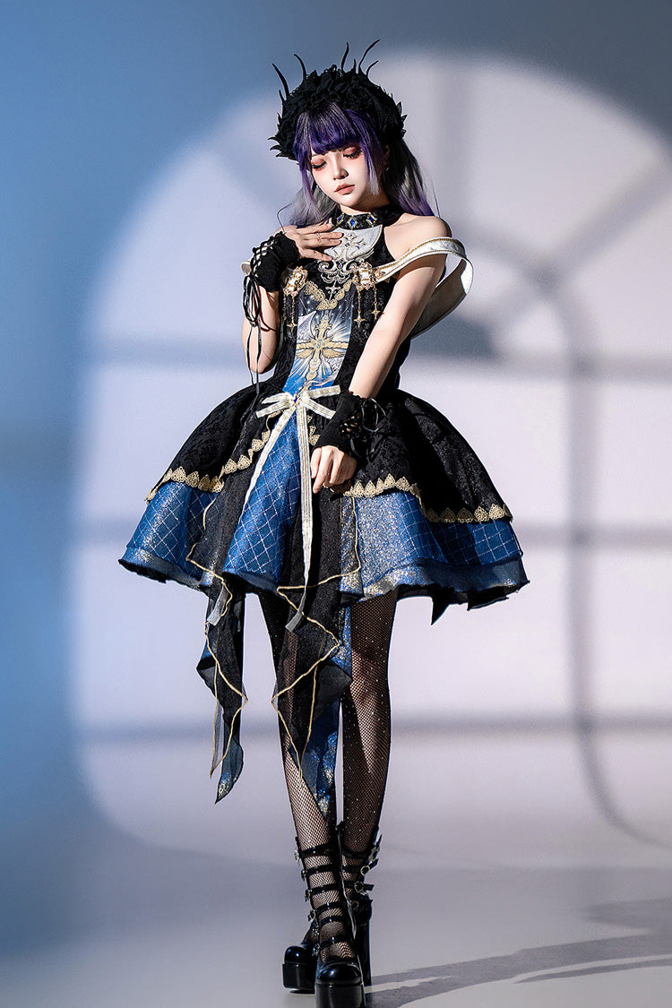 Black Blue Universe Off Shoulder Halterneck Sleeveless Embroidered Cardigan Gothic Princess Dress