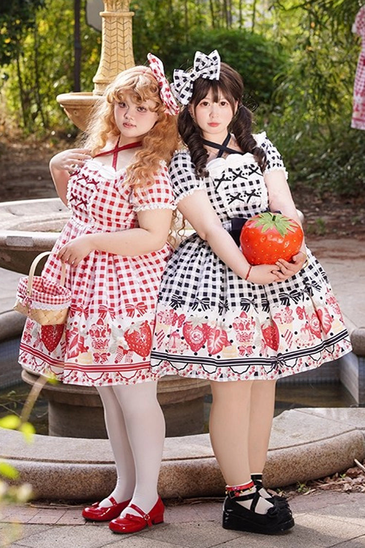 Strawberry Plaid Print Bowknot Sweet Plus Size Princess Red Short Sleeves Dress