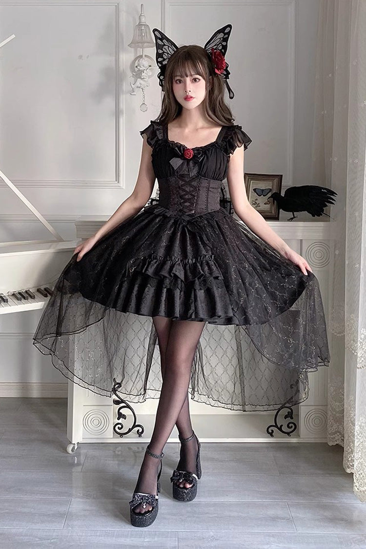 Black Short Sleeved Ruffled Rose Gothic Tiered Dress with Bow