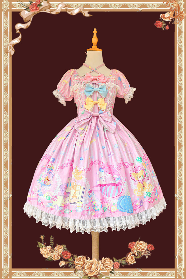 Pink Square Collar Lantern Sleeve Sweet Lolita Dress with Bow Print - Macarons Dolly House