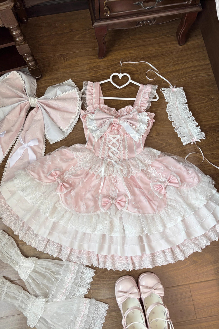 Blush Pink Sleeveless Triple-Layer Ruffle Bow Pearl Lace-Up Sweet Plus JSK Dress