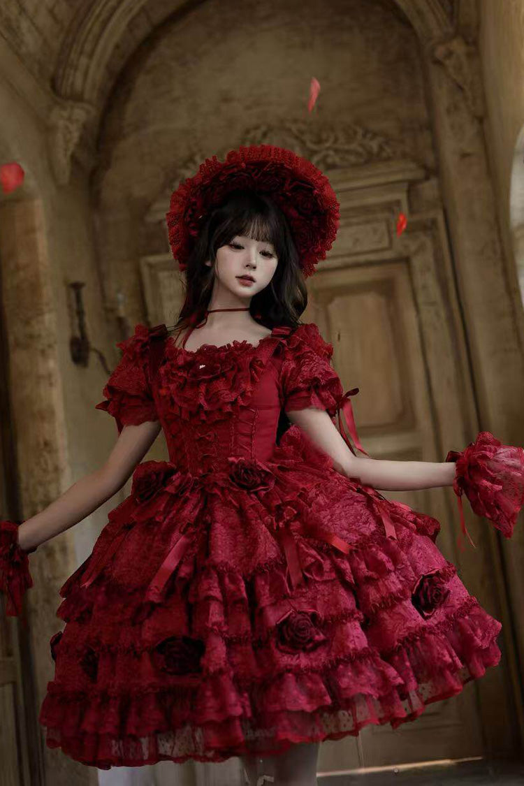 Rose Manor Square Collar Short Sleeves Ruffled Bow Lace Classic Lolita Dress - Red