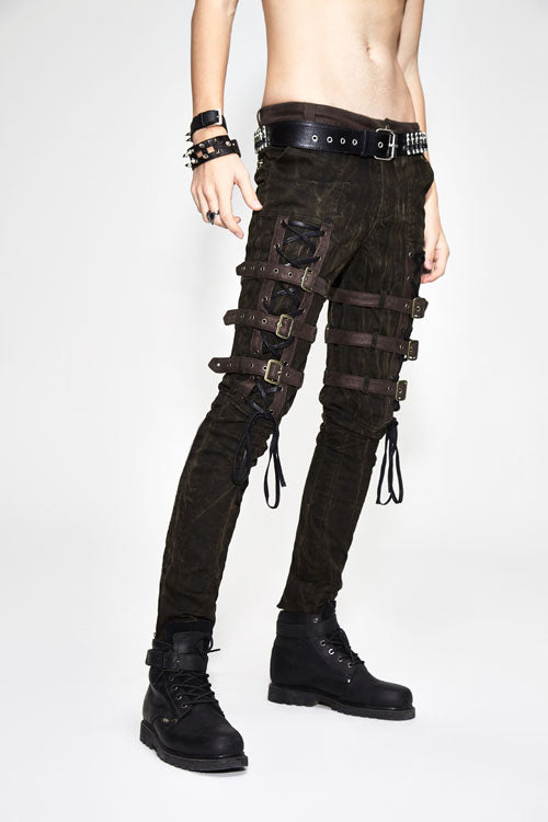 Cocoa Steampunk Embroidered Lace-Up Pants with Multiple Loops