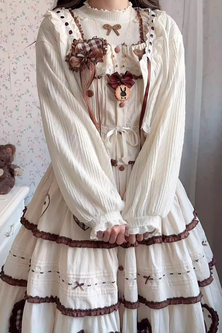 Cream Lovely Heart Triple-Layer Embroidery Bow Frilled Elegant Sweet Lolita Skirt