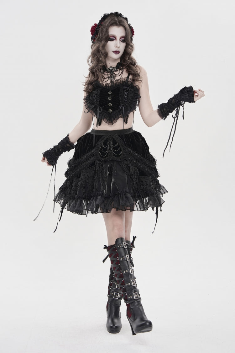 Dark Ruffled Corset with Bow Accents and Off-Shoulder Design