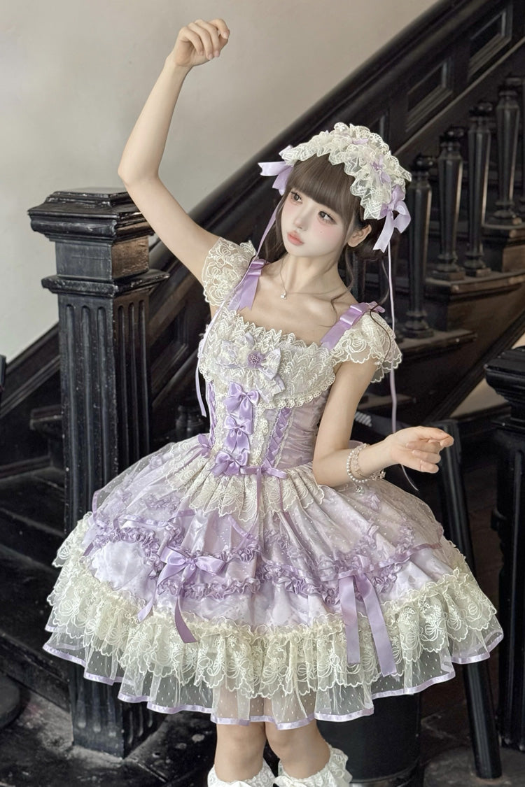 Dreaming Butterfly Violet Jacquard Ruffle Bowknot Lace Princess Lolita JSK - Dreaming Butterfly