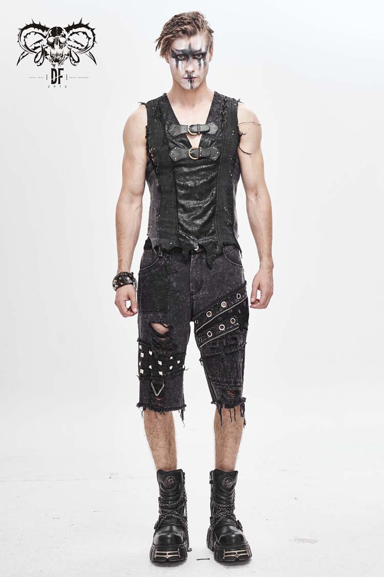 Sleeveless Buckle-Strap Punk Vest with Ripped Details