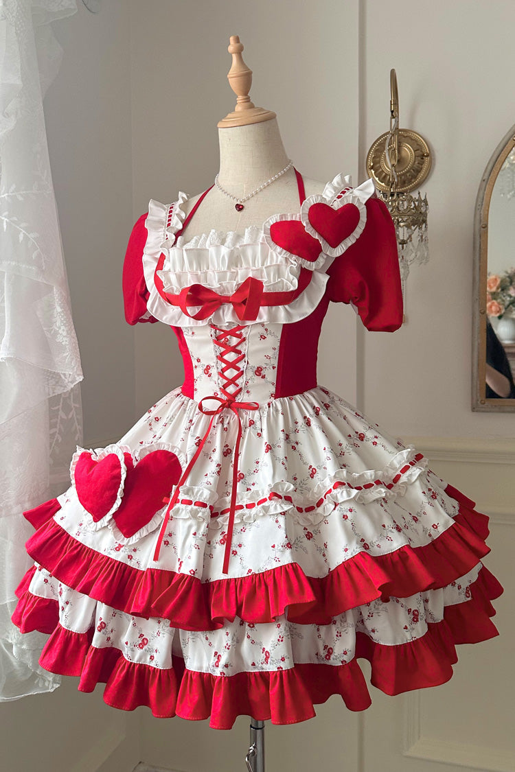 Red Double-Layered Floral Print Ruffled Bowknot Sweet Dress