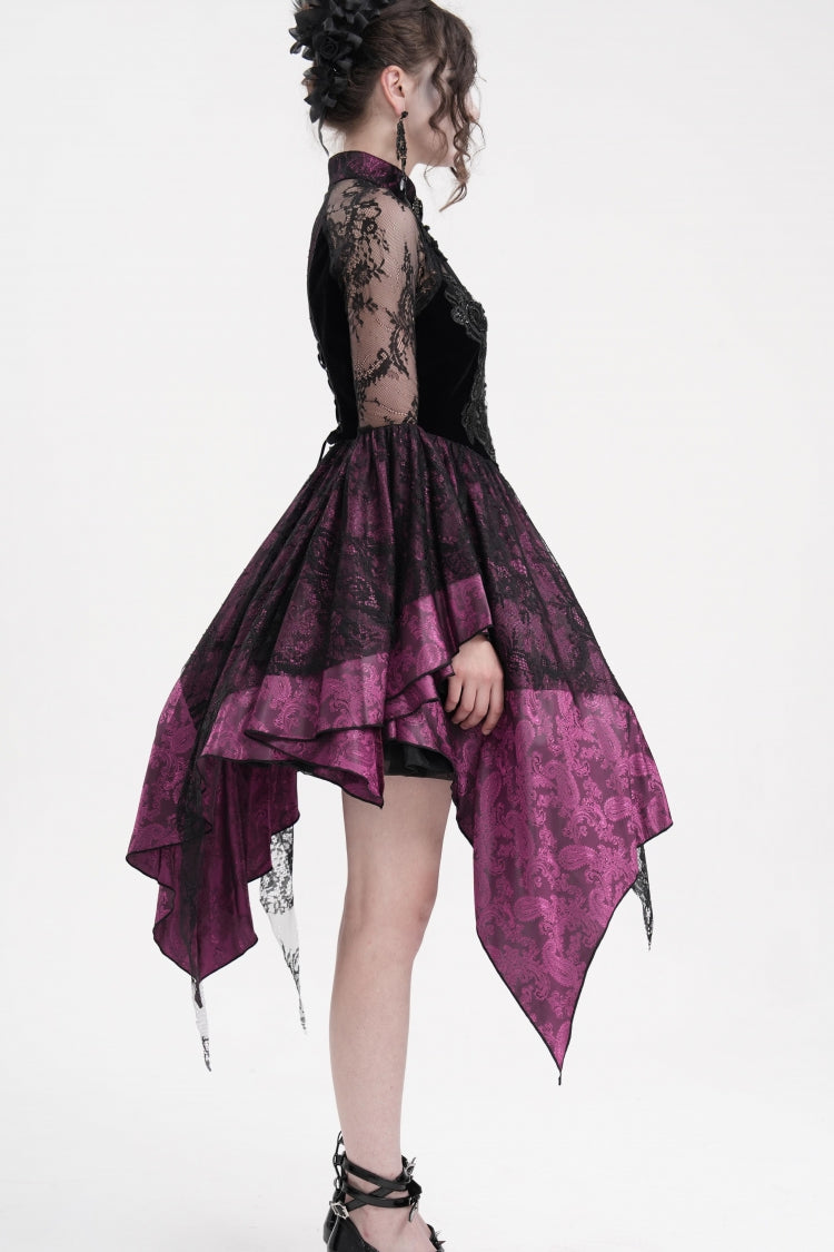 Black Purple Long Sleeves Embroidery Lace Up Irregular Mesh Gothic Dress