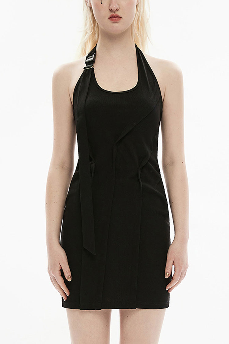 Adjustable Halter Sleeveless Three-Dimensional Pleated Stretch Gothic Dress