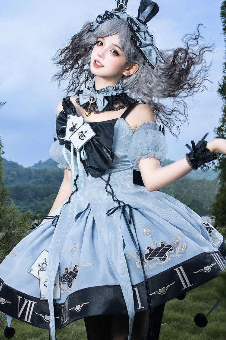 Blue Embroidered Lace-Up JSK Dress with Bow Detail