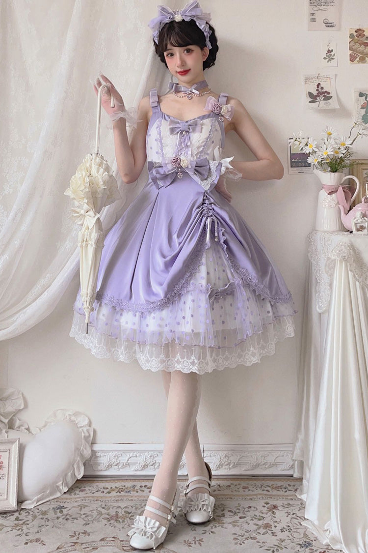 Violet Polka Waltz Sleeveless Printed Bow Stitched Lace JSK