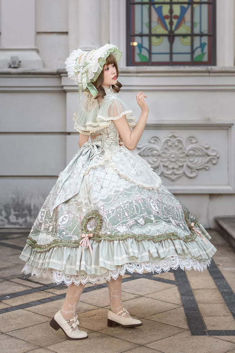 Spring Green Edwardian Collar Jacquard Printed Lace Fishbone Sweet Dress - Cloudborne Prelude