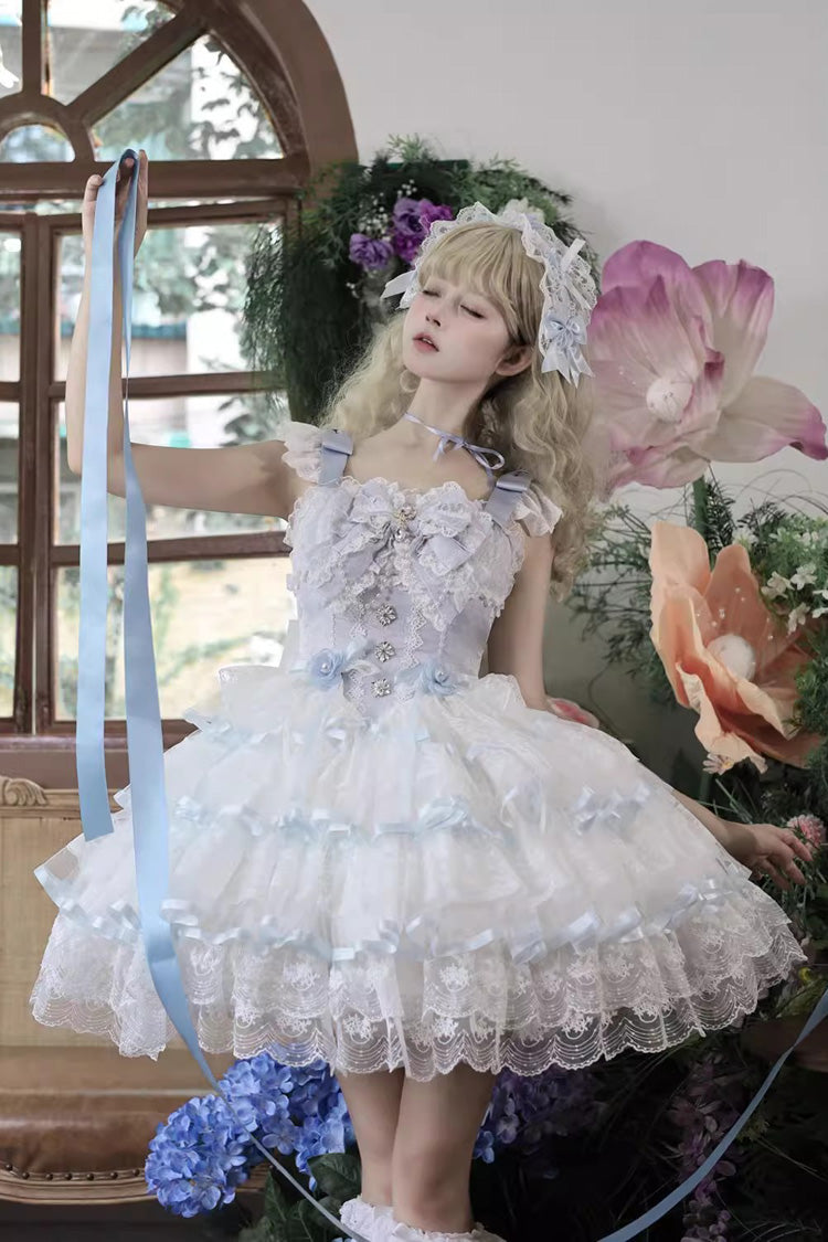 Azure Rose Feather Waltz Sleeveless Triple-Layer Ruffle Bow Lace Ballet Lolita JSK