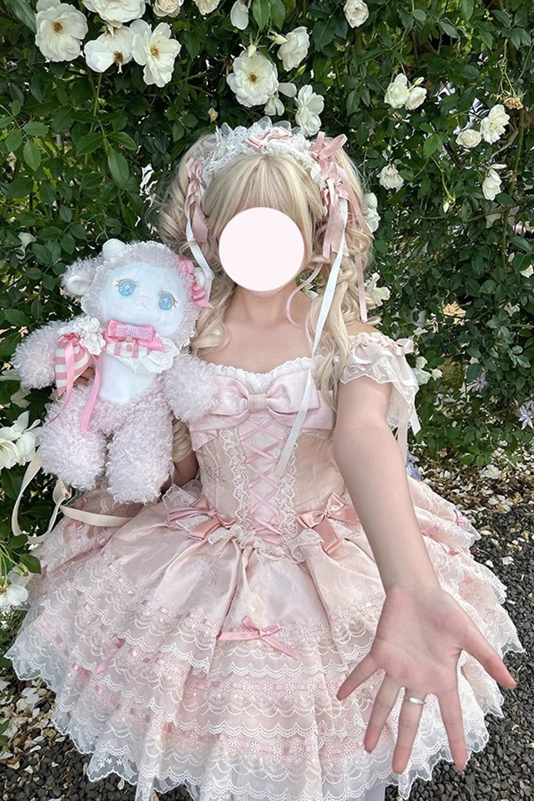Pink Sleeveless Ruffled Bow Lace-Up Sweet Elegant JSK - Flora Isle Butterfly