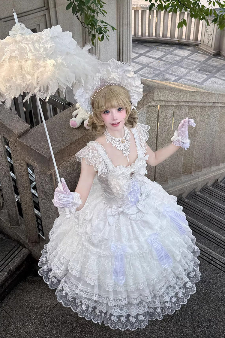 Ivory Moonlit Sakura Ode Sleeveless Tiered Ruffle Bow Lace Lolita Dress