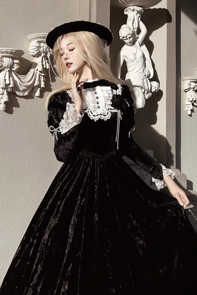 Black Long Sleeve Ruffle Bow Lace Gothic Lolita Dress