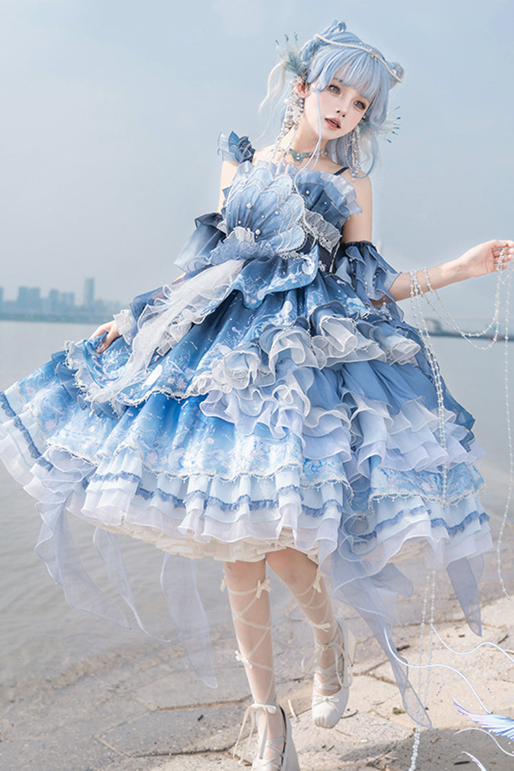 Blue Gradient Lace Embroidery Bowknot Asymmetric Elegant JSK Dress