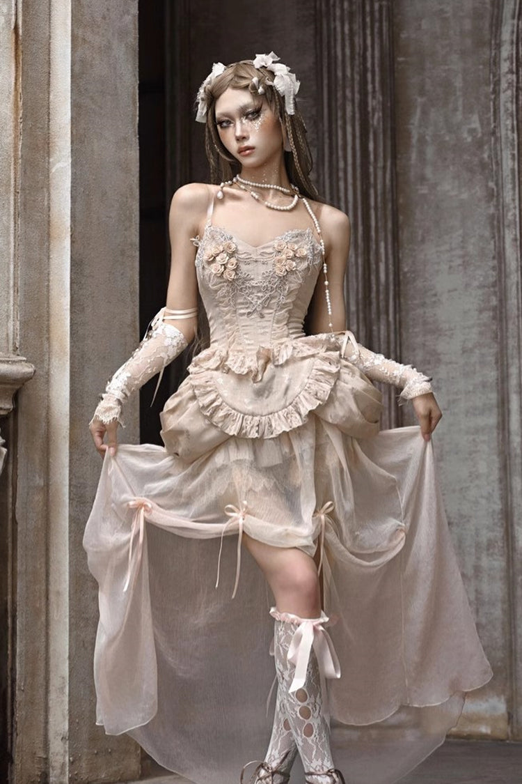 Gothic Apricot V-Collar Sleeveless High-Waist Ruffle Lace Corset Skirt Set