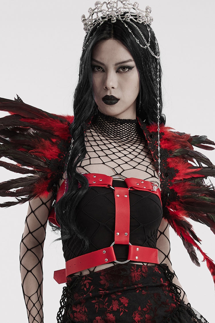 Crimson & Noir Faux Feather Gothic Shoulder Harness for Women