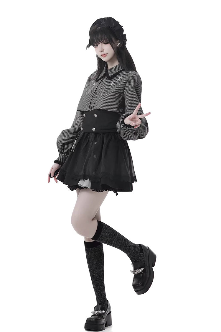 Hymn of the Cross Gothic Ruffled Asymmetric Chain Skirt Set - Black