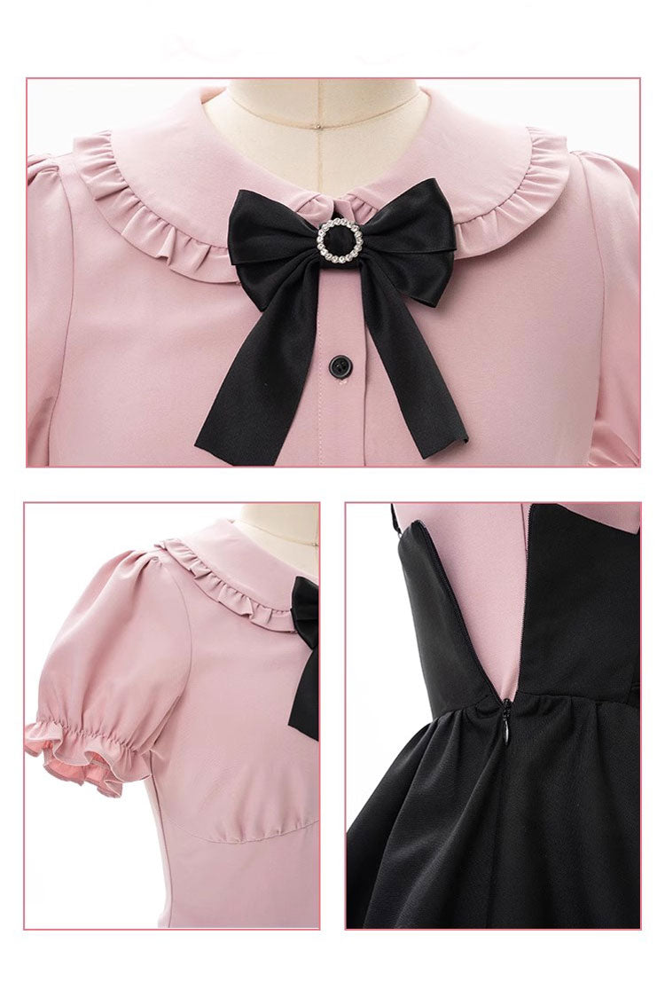 First Sakura Short Sleeves Multi-layer Lace-Up Sweet Jirai Kei Japanese Set - Black/Pink