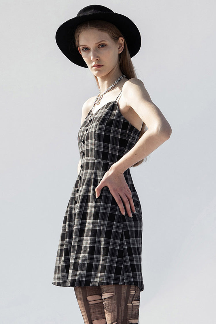 Plaid Skull Studded Belt Punk Suspender Dress - Black/White
