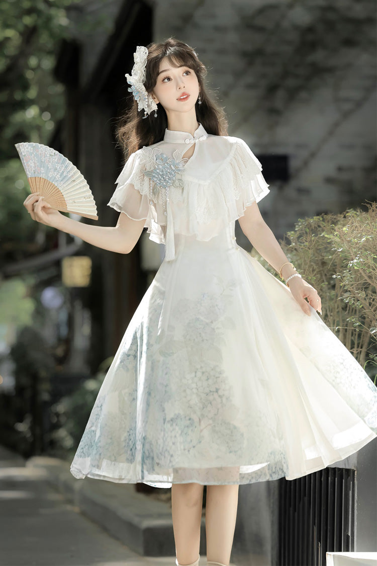 Ivory Print Ruffle Lace Chinese Elegant Short Dress
