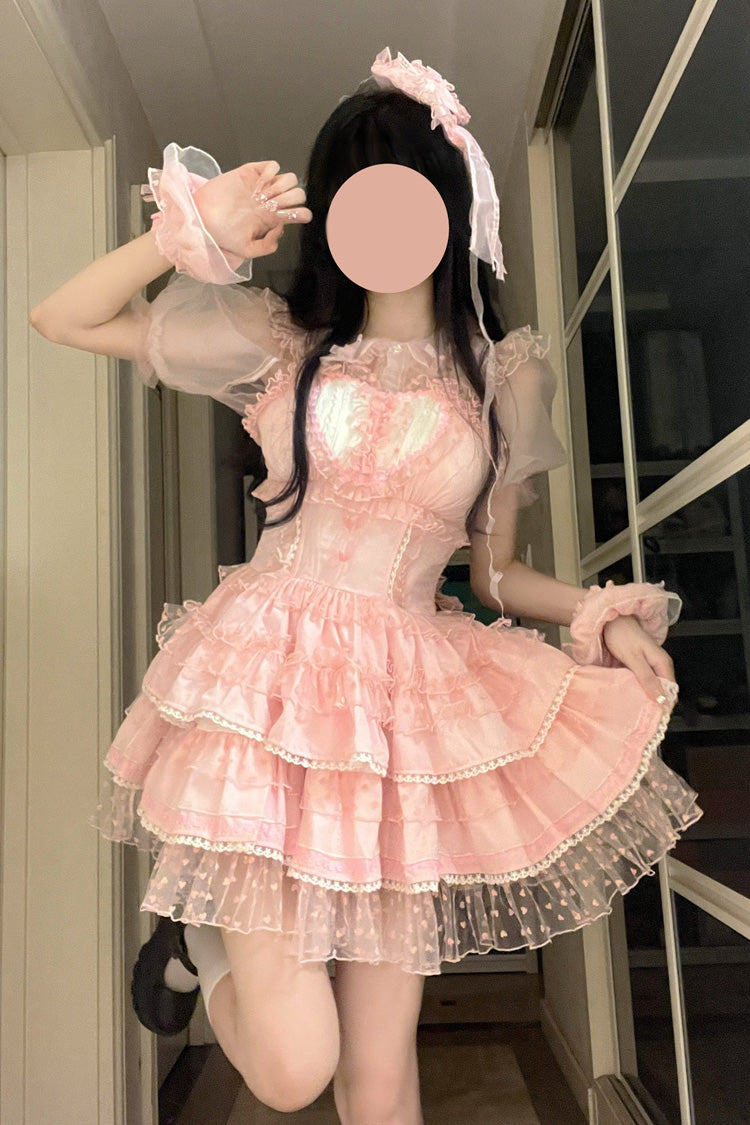 Pink Dopamine Pray Printed Multi-Layer Sweet Lolita JSK Dress - Ruffled Lace