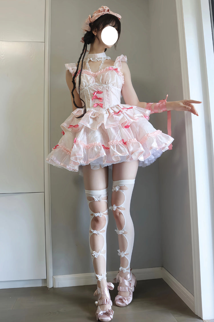 White & Pink Multi-Layer Ruffled Ballet Bow Sweet Lolita JSK Dress