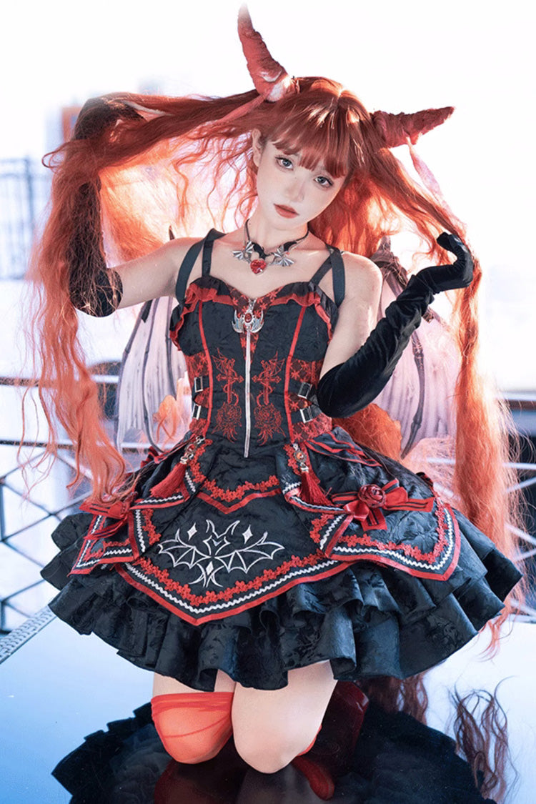 Black Red Bat Print Ruffle Cardigan Gothic Lolita Jsk Dress