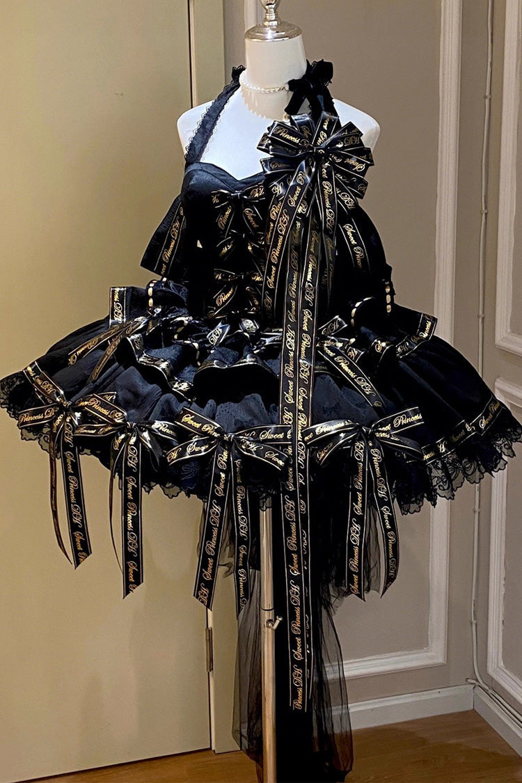 Black Halterneck Sleeveless Multi-Layered Ruffle Bow Elegant Gothic Dress
